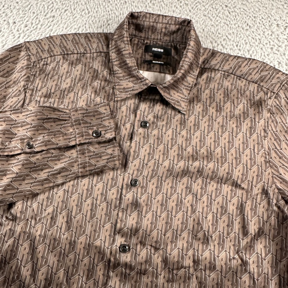Reiss Monogram Shirt Mens S Brown‎ Long Sleeve Button Up Regular Fit Twill